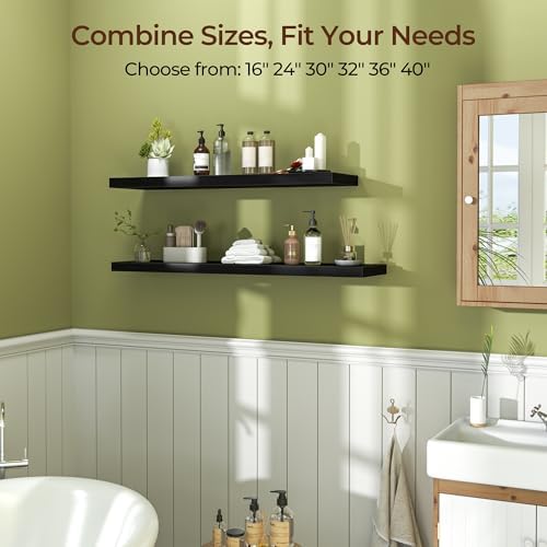 Floating Shelves for Wall 36 Inch Set of 3, Farmhouse Floating Shelves with Invisible Heavy Duty Bracket, 10 Inch Deep Bathroom Shelves for Storage, Living Room, Kitchen, Decor, Black