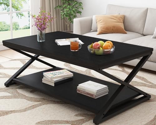 HSH 47" Rectangle Coffee Table with Storage for Living Room, Black Oak