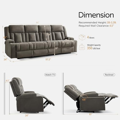 Recliner Sofa with Cup Holders, 4-Seater Fabric Reclining Couch, Manual Recliner Wall Hugger for Living Room, Home Theater (Light Brown)