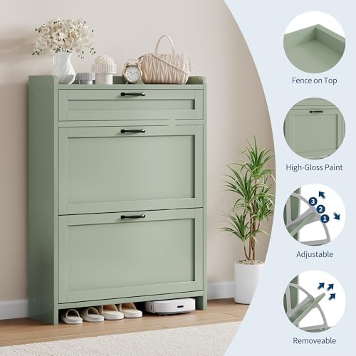 Garvee Shoe Cabinet with 2 Flip Drawers & 1 Top Drawer, Wooden