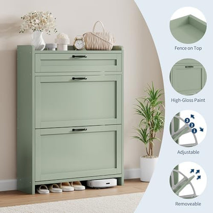 Garvee Shoe Cabinet with 2 Flip Drawers & 1 Top Drawer, Wooden