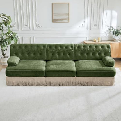 106" Velvet Chesterfield Modular Sectional Sofa, Oversized Button Tufted 3-Seater Couch with Floor-grazing Tassel Fringe Skirt and Curved Square Armrests, Easy Assembly, for Living Room, Green