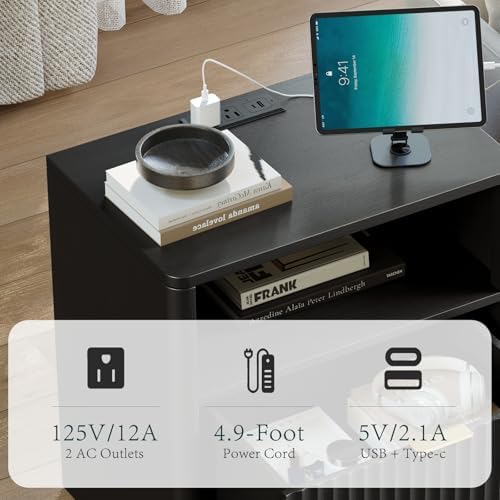 Evermagin Fluted Nightstand Set of 2 with Charging Station, Black