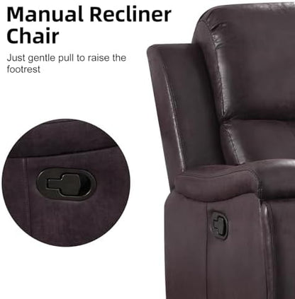 CANMOV Manual Recliner Chair, Classic Faux Leather Recliner Chair with Overstuffed Arms and Back, Manual Single Sofa with Concealed Cup Holders, Dark Brown