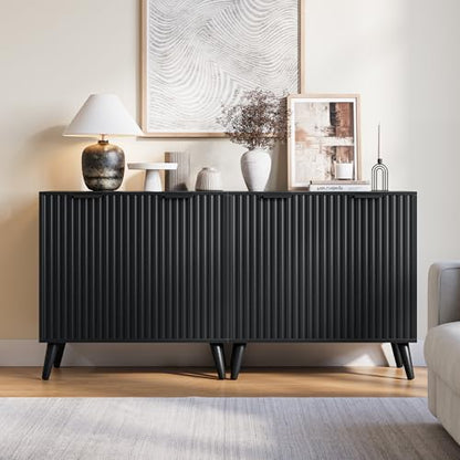 Black Sideboard Buffet Cabinet with Storage, 2 Doors Modern Fluted Buffet Cabinet for Living Room, Accent Credenza with Adjustable Shelves Entryway Storage Cabinets for Kitchen