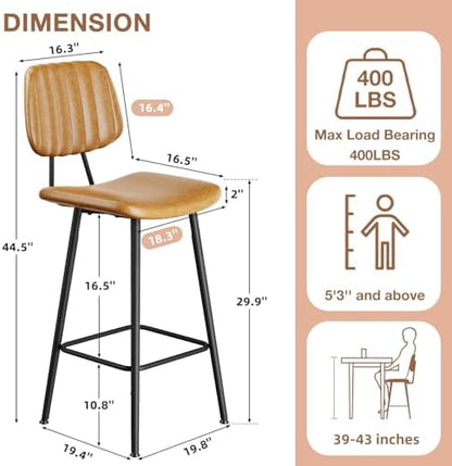 Raynesys 29-Inch Leather Bar Stools Set of 2 with High Backrest, Brown