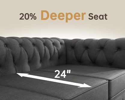 Morden Fort 2 Piece Classic Chesterfield 4-Seater Set, Tufted Chair & Sofa Furniture Solid Wood Legs Thick Cushion, Pet-Friendly Couch Set for Living Room Bedroom Apartment, Linen Grey