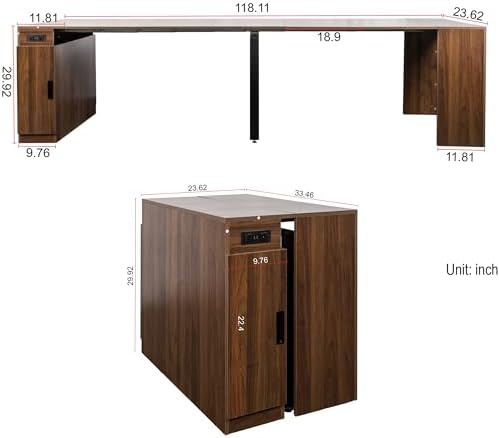 118.11'' Extendable Dining Table with Built-in Outlet, Modern Multifunctional Foldable Rectangular Wood Dinner Kitchen Table with Storage for Space Saving, Easy Assembly, Walnut