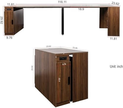 118.11'' Extendable Dining Table with Built-in Outlet, Modern Multifunctional Foldable Rectangular Wood Dinner Kitchen Table with Storage for Space Saving, Easy Assembly, Walnut