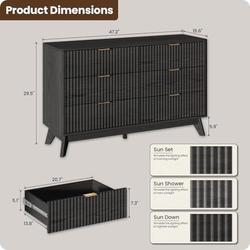 47" Wide Fluted 6 Drawers Dresser for Bedroom,with Curved Edge,Balck
