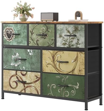 Sweetcrispy 7 Drawer Dresser for Bedroom Storage, Fabric Bins, Floral Print