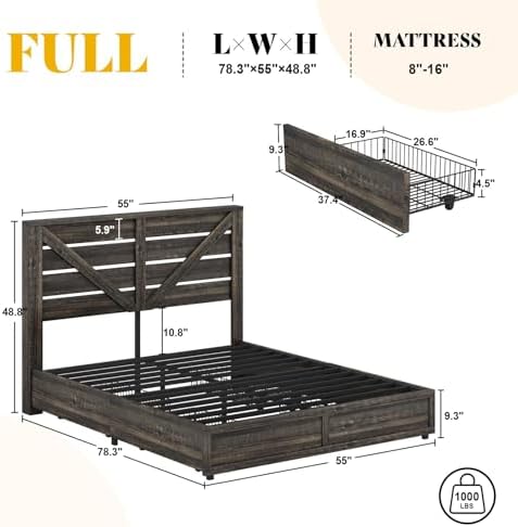 AMERLIFE Full Size Farmhouse Bed Frame with 4 Drawers & Barn Door Headboard