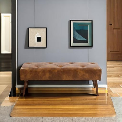 Furniliving 44 Inch Tufted Leather Bench, Leather Footrest Stool Bedroom Bench Seat, Upholstered Tufted Beathable Fabrics Ottoman Bench with X-Shaped Wood Legs for Kitchen, Solid Wood Indoor Bench
