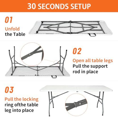 Folding Table 6ft, Heavy Duty Portable 6 Foot Foldable Table Plastic Large Folding Tables Indoor Outdoor for Camping, Picnic, Wedding and Party, White