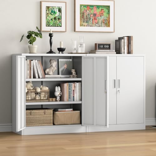CMY 36" H Metal Storage Cabinet, Locking Storage Cabinet with Doors and Adjustable Shelves for Office, Garage, Home-White