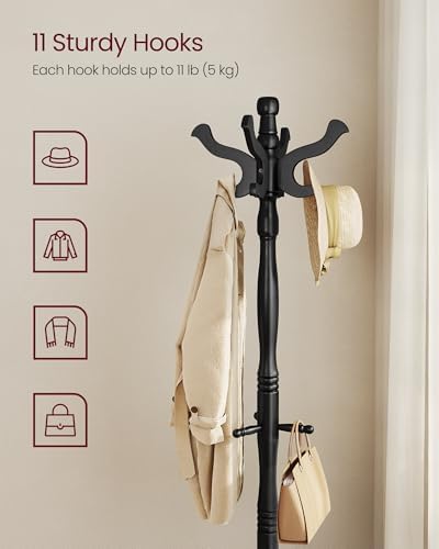 VASAGLE Freestanding Coat Rack, Rubber Wood Coat Tree with 11 Hooks