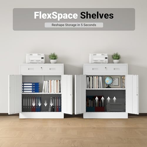 CJF Metal Storage Cabinet, Locking Storage Cabinet with 1 Drawer and Adjustable Shelf, 36" H x 28" W x 16" D White Metal Cabinets for Office, Home, Garage
