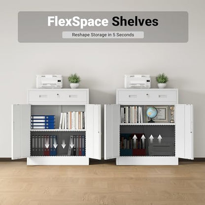 CJF Metal Storage Cabinet, Locking Storage Cabinet with 1 Drawer and Adjustable Shelf, 36" H x 28" W x 16" D White Metal Cabinets for Office, Home, Garage