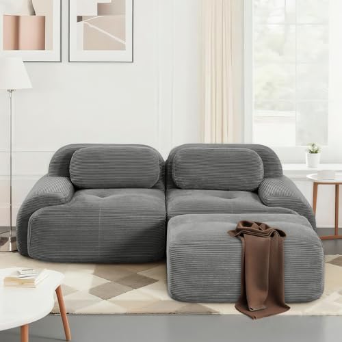 81" Corduroy Modern Sectional Couch, Boneless Couch, Compact sofa, Grey