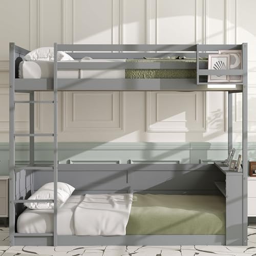 Queen over Queen Bunk Bed with Ladders, Solid Wood Bunk Beds with LED Lights, Built-in Shelves and USB Ports, Floor Bunk Bed Frame for Kids, Boys, Girls, No Spring Box Needed, Gray