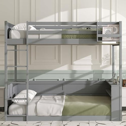 Queen over Queen Bunk Bed with Ladders, Solid Wood Bunk Beds with LED Lights, Built-in Shelves and USB Ports, Floor Bunk Bed Frame for Kids, Boys, Girls, No Spring Box Needed, Gray