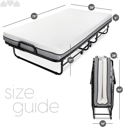 Milliard Deluxe Diplomat Folding Bed with Mattress for Adults, Twin Size, Portable Foldable Bed with Luxurious Memory Foam Mattress & Super Strong Frame, 75” x 38", Fold Up, Roll Away, & Hideaway