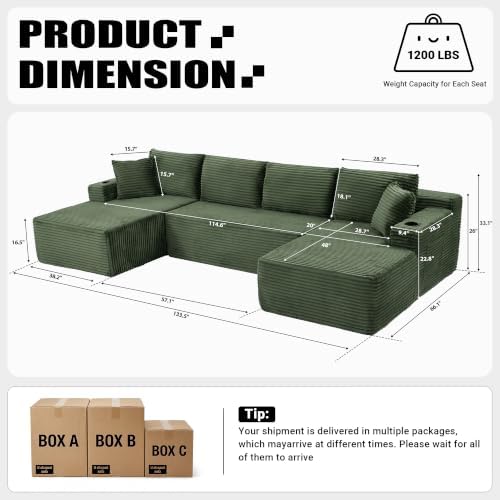 134 inch Boneless Couch, U-Shaped Modular Sectional Sleeper Sofa, Green