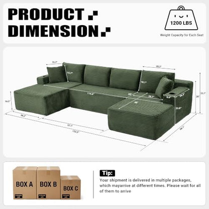 134 inch Boneless Couch, U-Shaped Modular Sectional Sleeper Sofa, Green