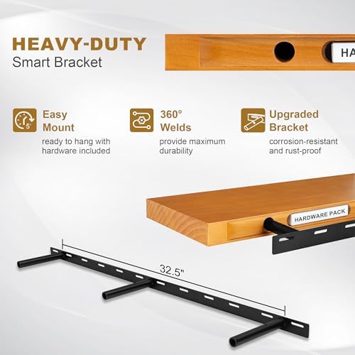 Floating Shelves, 9.3 Inch Deep Solid Pine Wood Wall Shelves for Storage, Rustic Wall Mounted Display Shelf with Invisible Heavy-Duty Metal Bracket, 55 Inch Width, Honey Oak
