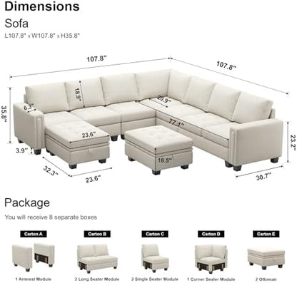 Belffin Modular Sectional Sofa U Shaped Sectional Couch with Storage Ottoman Velvet 9-Seater Convertible Sectional Sofa with Chaises Beige