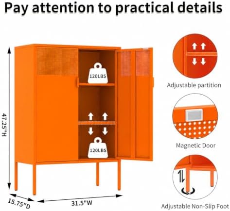 Orange Metal Storage Cabinet with 2 Doors, 47''H Locker Cabinet