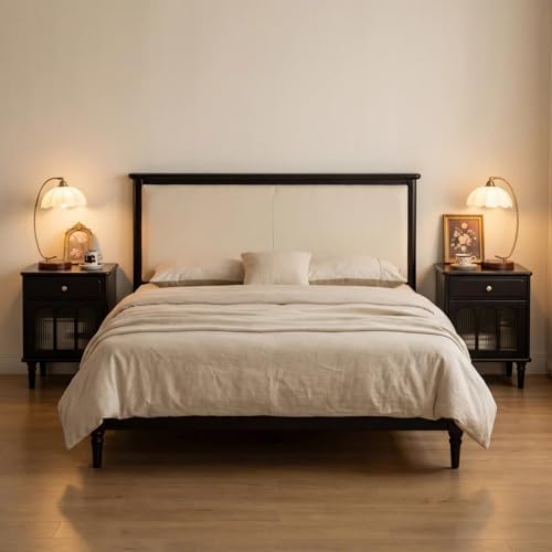 Solid Wood Nightstand Set of 2, Wooden Nightstands with Drawer and Fluted Glass Door – Mid Century Modern Farmhouse Vintage Night Stand, Left and Right Set, 15.75" D x 16.54" W x 22.83" H
