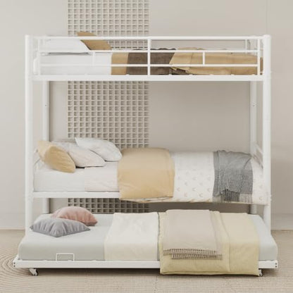 SDHYL Twin Over Twin Bunk Bed with Trundle, Heavy Duty Metal Bunk Beds Frame with Safety Guardrail & Ladder, Noise Reduced, No Box Spring Needed, Space-Saving, White