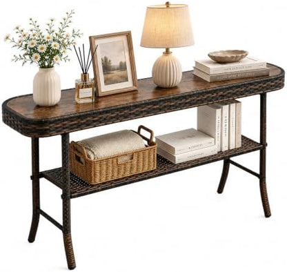 Entryway Table with Storage, 2-Tier 35.4'' Console Table with Woven Wrap