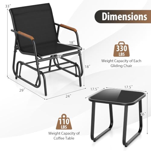 GIANTEX 3-Piece Outdoor Glider Set, 2-Pack Rocking Chairs with Small Tempered Glass Coffee Table, Metal Frame, Porch Rocker, Patio Bistro Set for Outside, Garden, Backyard, Balcony, Black