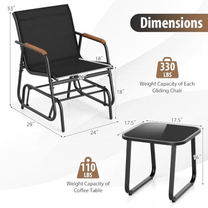 GIANTEX 3-Piece Outdoor Glider Set, 2-Pack Rocking Chairs with Small Tempered Glass Coffee Table, Metal Frame, Porch Rocker, Patio Bistro Set for Outside, Garden, Backyard, Balcony, Black