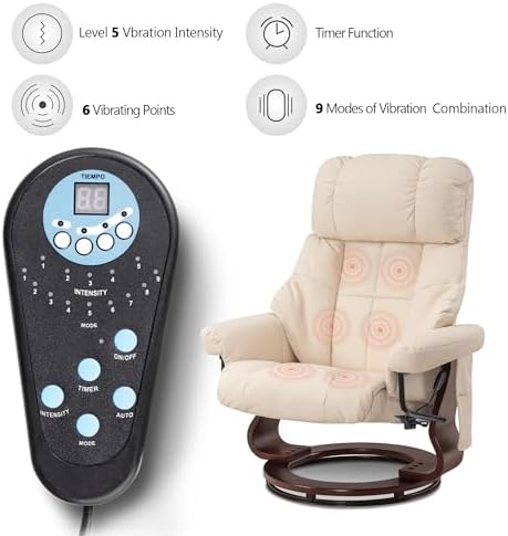 MCombo Manual Swivel Recliner with Ottoman, Reclining Chair with Vibration Massage for Small Spaces, Living Room, Office, Faux Leather 9068 (Cream White)