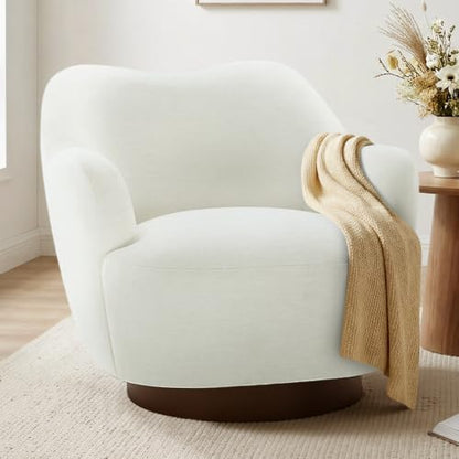 Swivel Accent Chair with Curved Arms, Wooden Base, Cream White, Set of 2