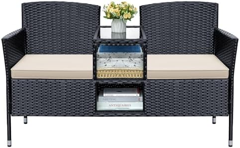 Greesum Patio Loveseat Outdoor Wicker Furniture Conversation Set,Beige
