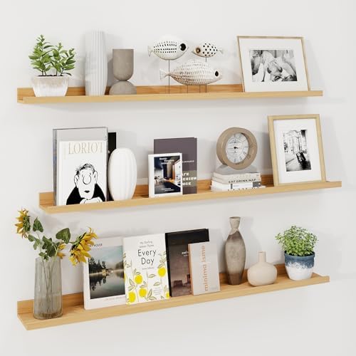 48 Inch Floating Shelves with Lip, Set of 3 - Oak - Wall Mounted Shelves for Storage and Display - Engineered Wood - 22 lbs Weight Capacity