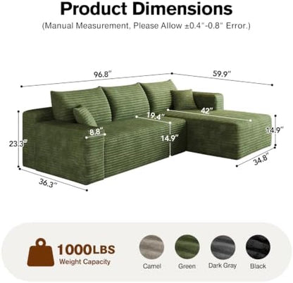 96" Sectional Boneless Modular Couch, Cloud Sofa Green