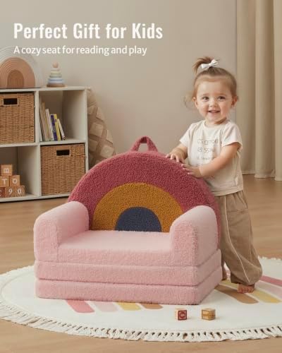Blissful Diary Foldable Kids Couch, 2-in-1 Kids Sofa Chair, Blush Rainbow