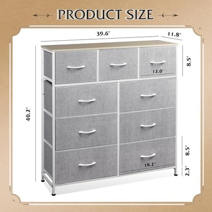WLIVE Tall Dresser for Bedroom, 9 Drawer Chest of Drawers, Light Grey