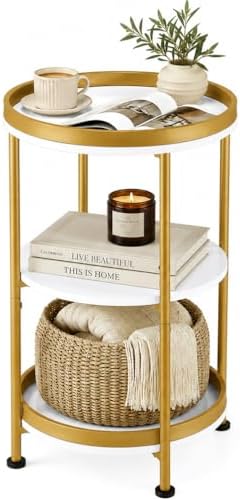 Dulcii Round Side Table with Storage Tray for Living Room, 15" L x 15" W x 24" H Bedroom Nightstand 3 Tiers Bedside Table with Steel Frame for Small Spaces (White & Gold)
