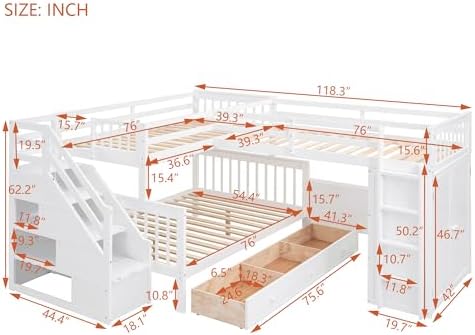 Twin-Twin Over Full L-Shaped Bunk Bed with 3 Drawers, Portable Desk and Wardrobe, Wood Bunk Bed with Loft Bed Attached for 3 Kids,No Box Spring Needed (White+Wardrobe/M, Twin-Twin Over Full)