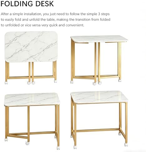 JSB 23.6" Folding Desk for Small Spaces,Mobile Portable Rolling Laptop PC Table on Wheels,Foldable Computer Desk for Home Office,Bedroom,Dorm,Space Saving White&Gold
