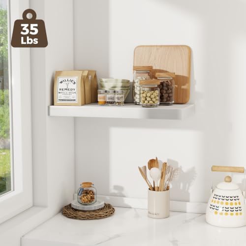 24 x 12 Inch Deep Floating Shelves, 12 Inch Deep Rustic Wooden Book Shelf, Extra Deeper & Thicker Hanging Shelves for Living Room, Bathroom, Bedroom, Kitchen, Office, Set of 3 (White)