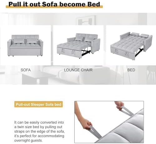 Convertible Sleeper Sofa Bed, Loveseat Sleeper Sofa with Large Side Pockets, Pull Out Sofa Bed with 3 Position Adjustable Backrest, 3 in 1 Velvet Couch Bed for Small Spaces, Apartment, Gray