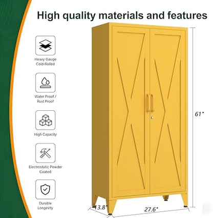 61" Metal Pantry Cabinet with Lock and 3-Tier Adjustable Shelves, Freestanding Heavy Duty Storage Cabinet Locker for Kitchen, Home Office, Garage Yellow