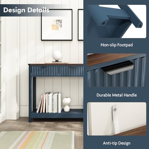 HOKYHOKY Fluted Console Table with Drawers, 47.1" Entryway Table, Blue
